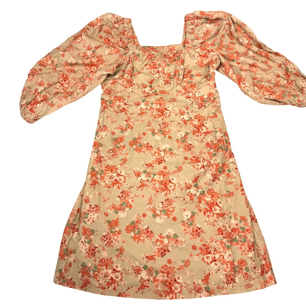 Forever That Girl Mini Dress XS Green Orange Floral Puff Sleeve Square Neck